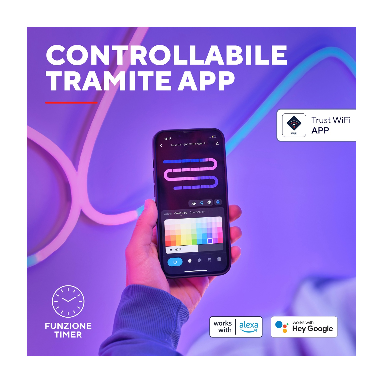Mano che tiene uno smartphone che mostra una tavolozza di colori, con testo che indica il controllo dell'app delle luci intelligenti.