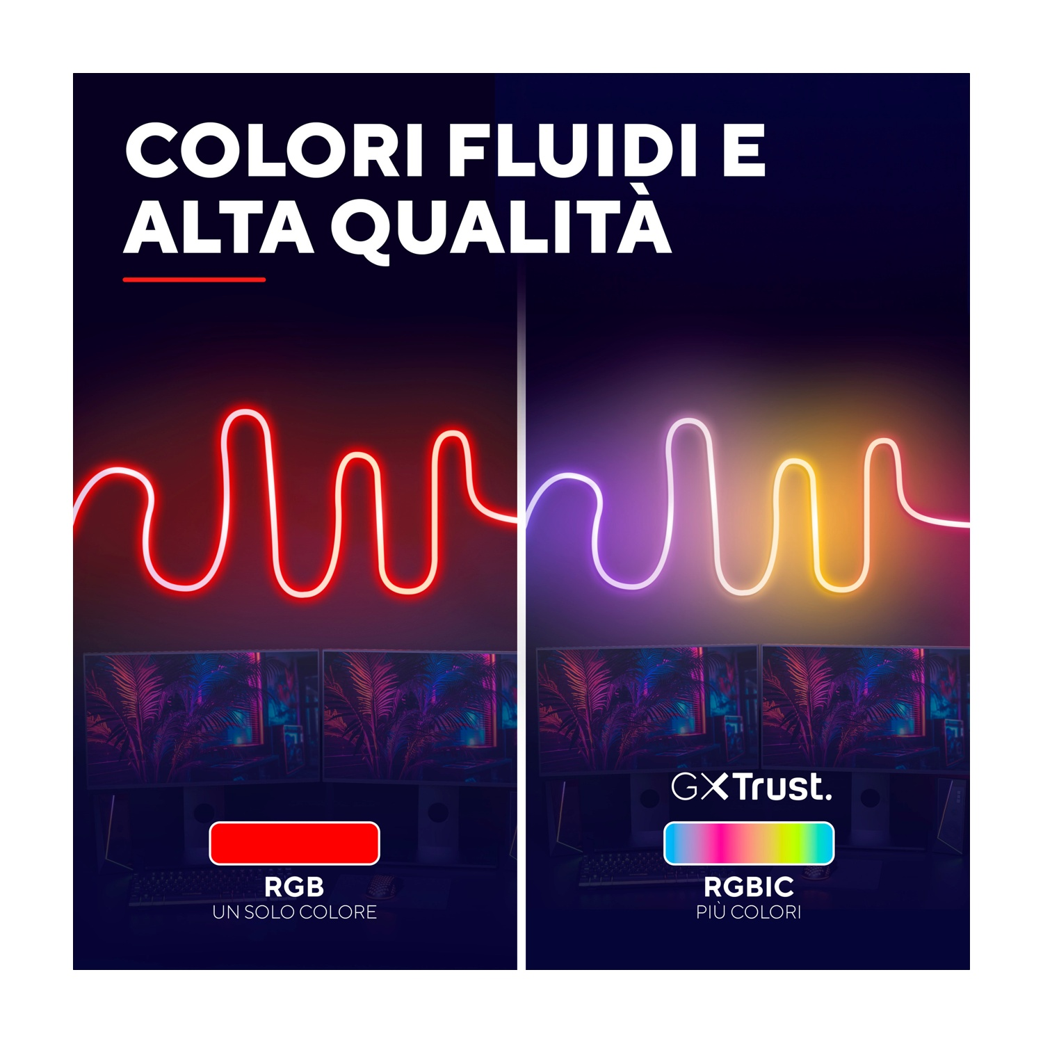 L'immagine mostra due design di luci al neon con testo, uno rosso e uno multicolore, ciascuno sopra un monitor.