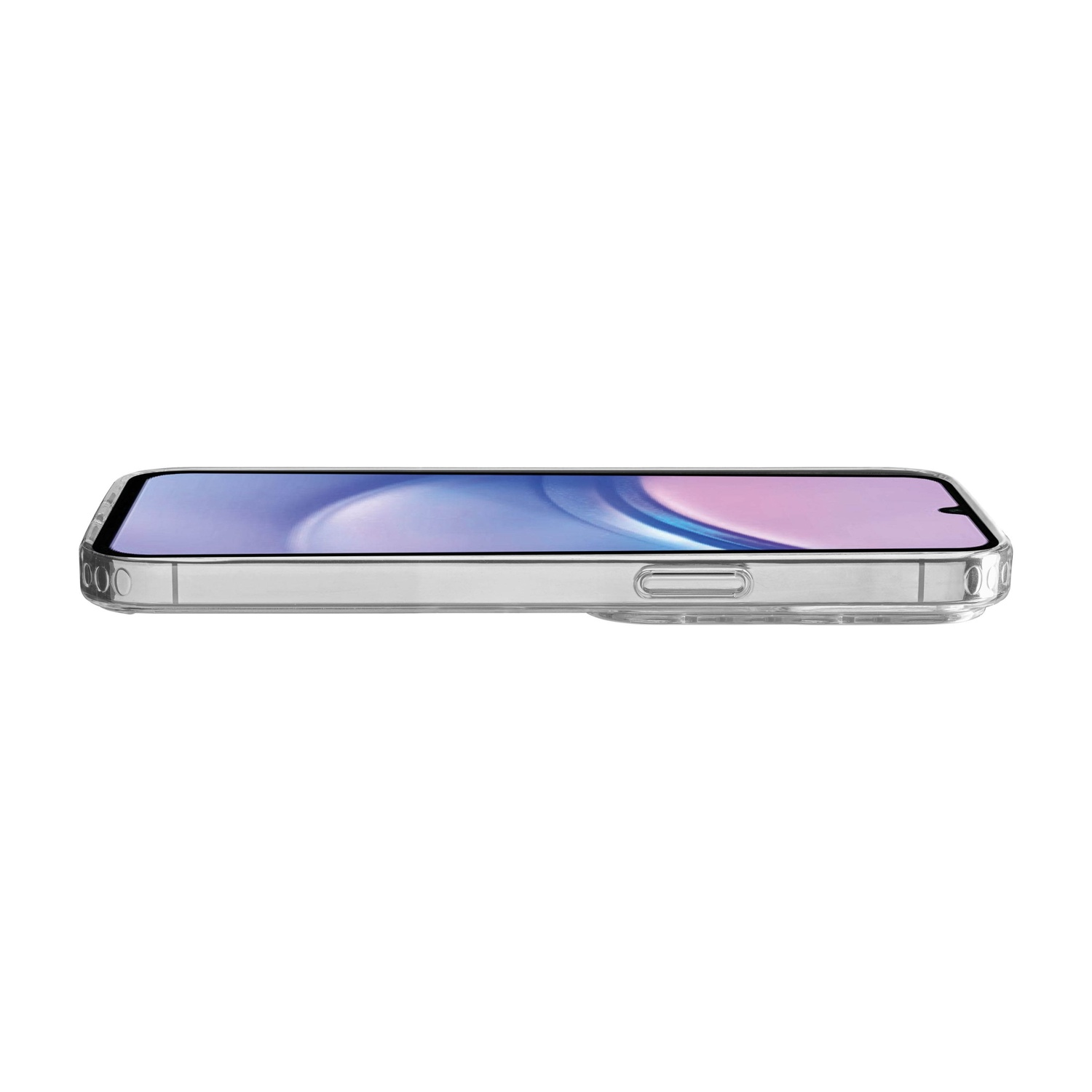 Uno smartphone in una custodia trasparente, che mostra lo schermo del telefono con un'immagine colorata.