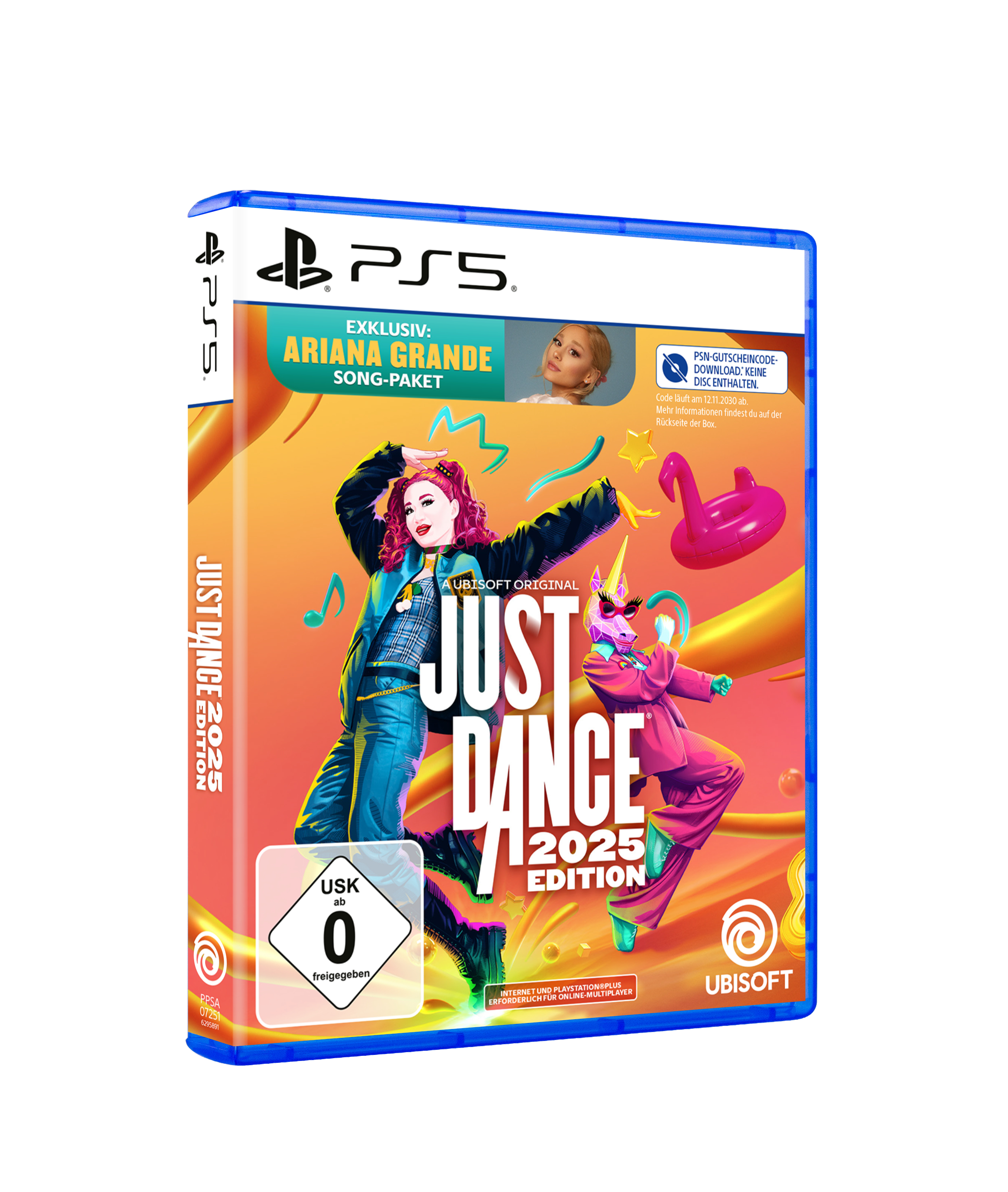 PS5-Spielbox für Just Dance 2025 Edition, mit Ariana Grande und tanzenden Figuren.