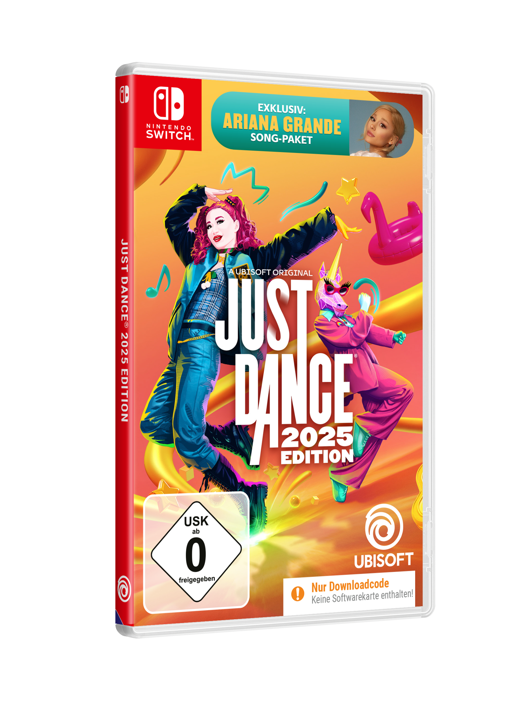 Spielhülle: Just Dance 2025 Edition. Bunte Illustration von tanzenden Figuren. Rote und weiße Hülle.