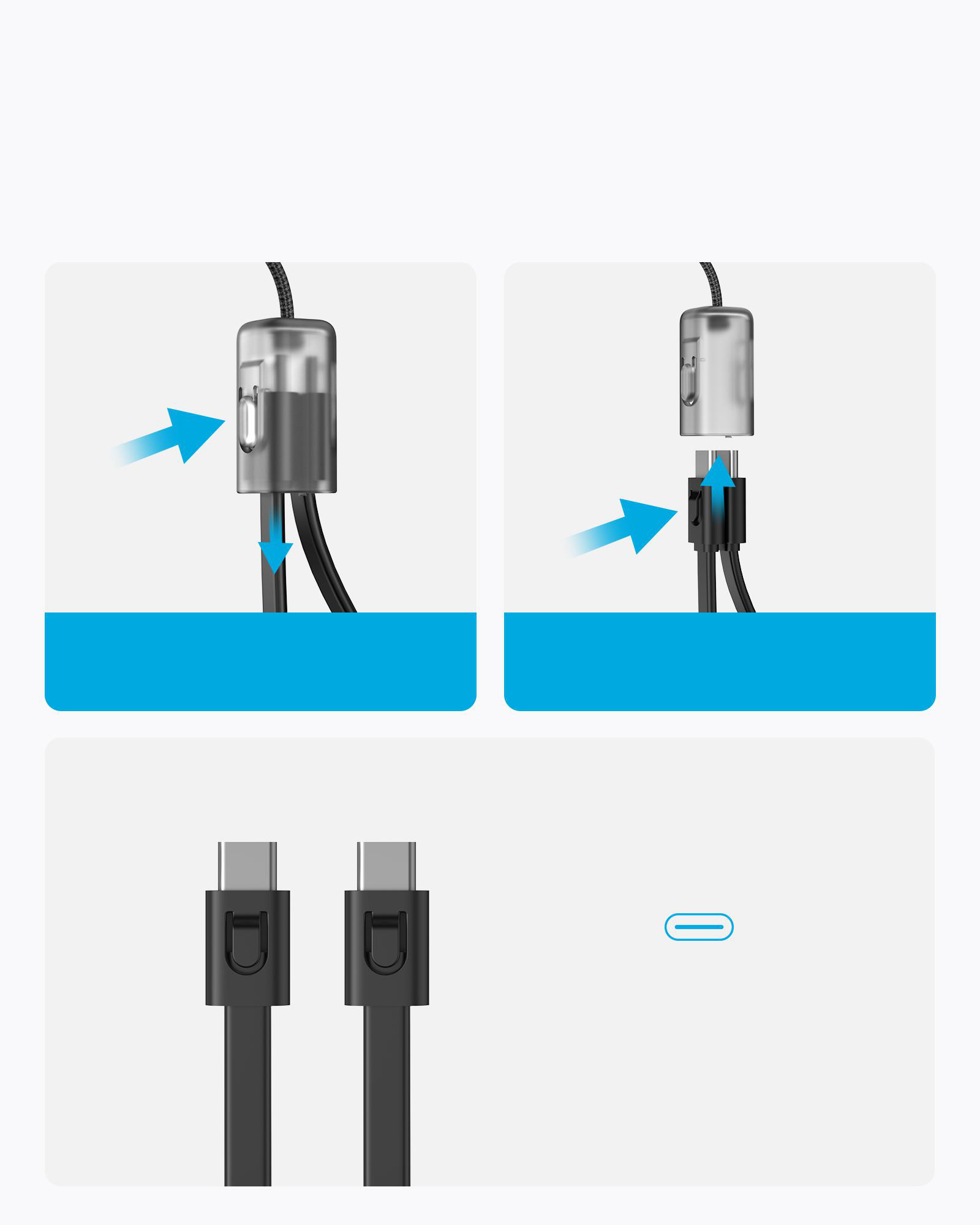 Zwei schwarze USB-C-Kabel mit transparentem Stecker und USB-C-Anschluss.