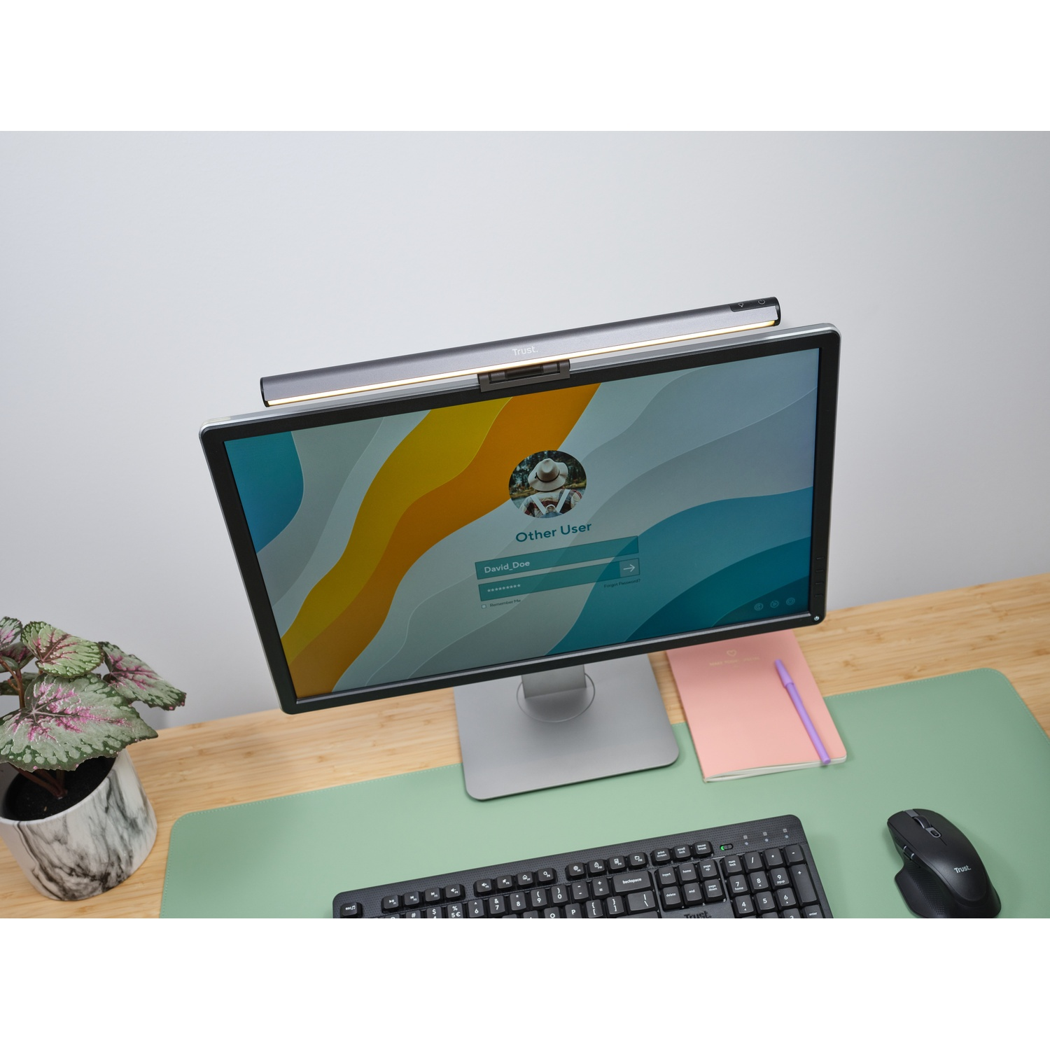 Un monitor per computer che mostra una schermata di accesso. Una scrivania con tastiera, mouse e una pianta in primo piano.
