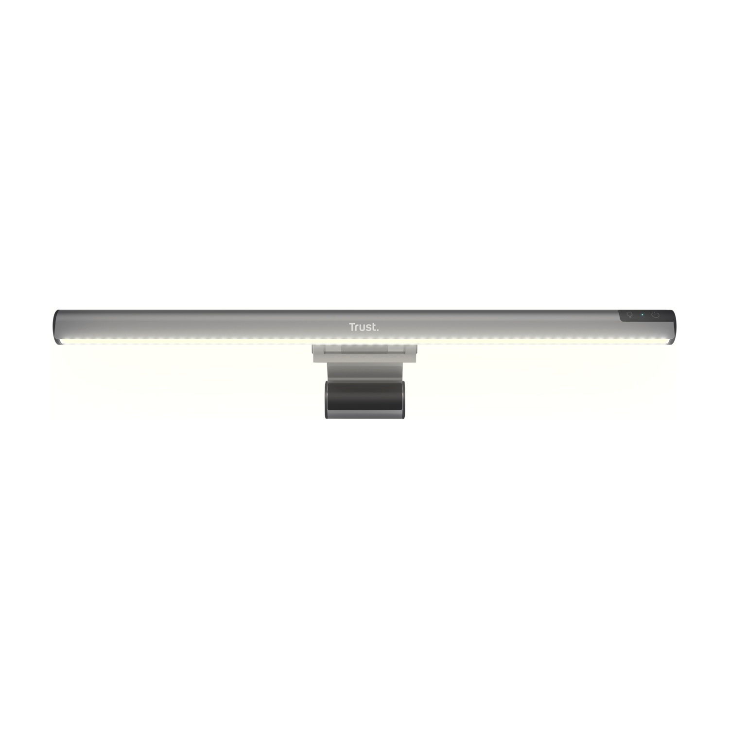 Una lampada da scrivania a LED argentata con una clip di montaggio nera.