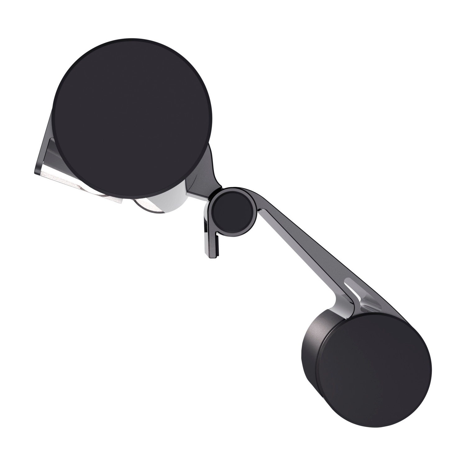 Una lampada nera con due luci circolari e un braccio argentato.