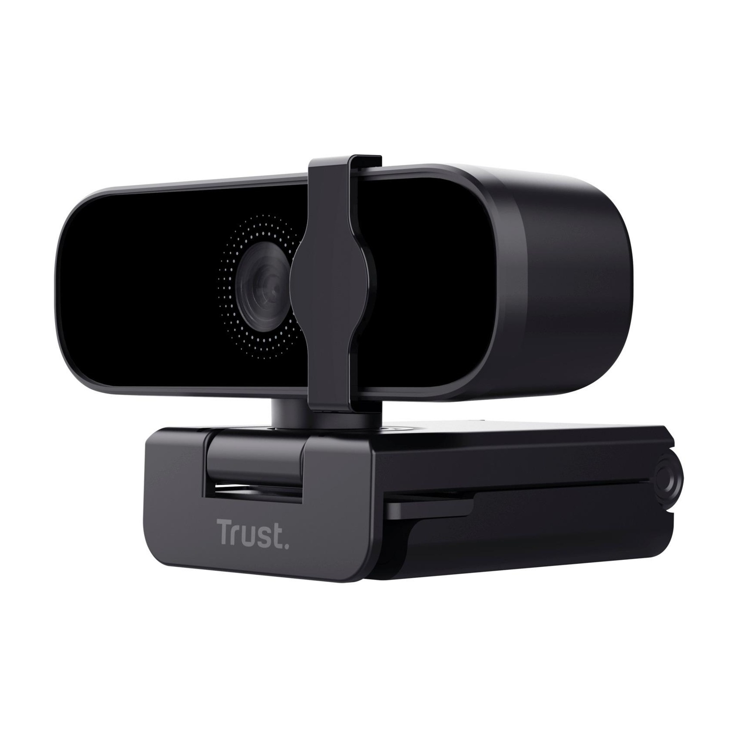 Webcam nera su sfondo bianco. Ha un design curvo.