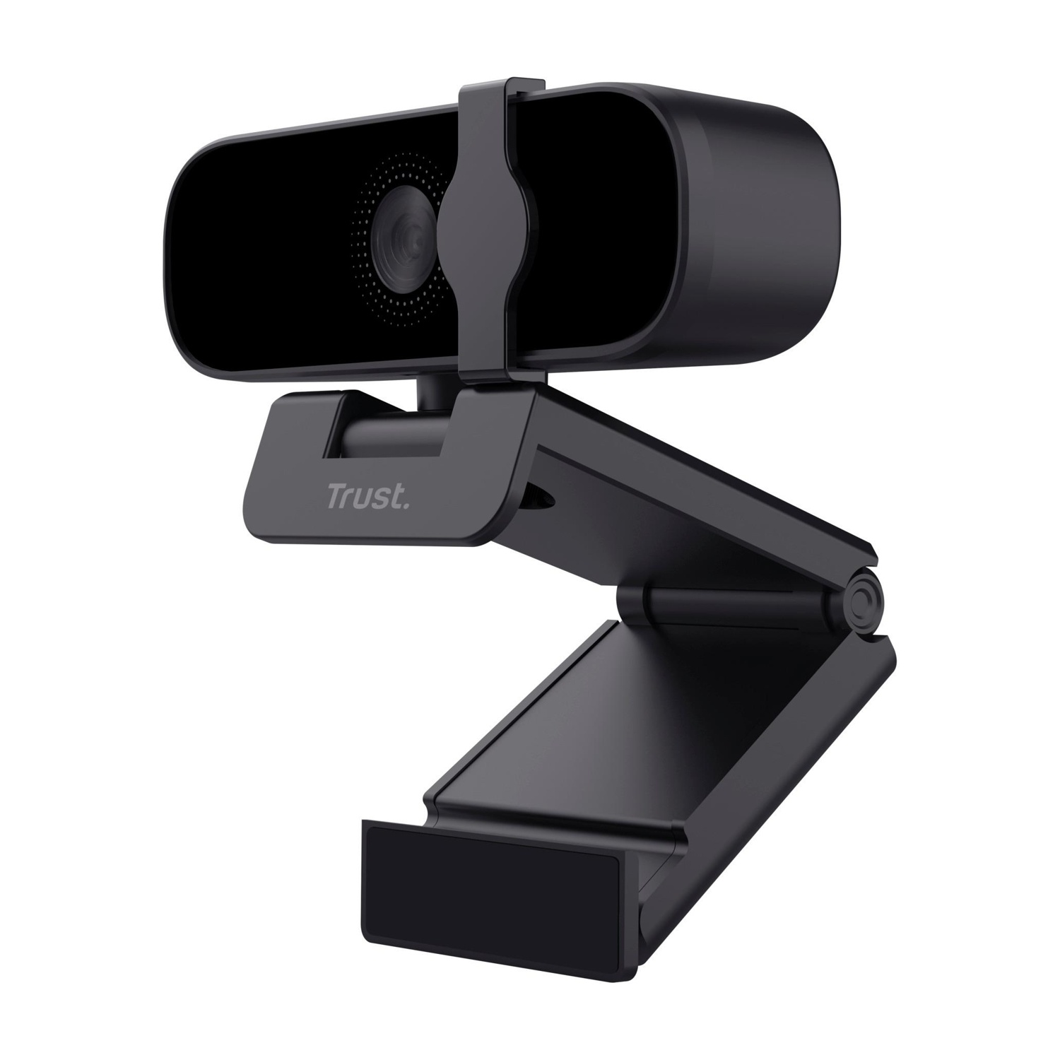 Webcam Trust nera con supporto flessibile. L'obiettivo della fotocamera è centrato in alto.
