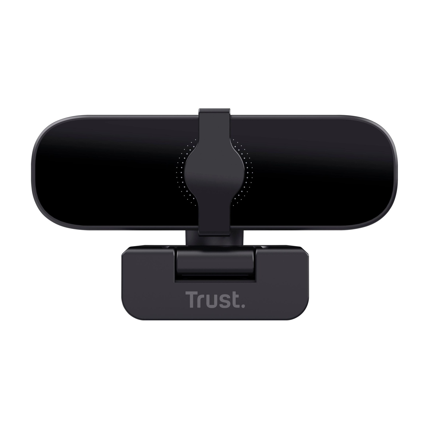 Webcam Trust nera, vista frontale, con supporto.
