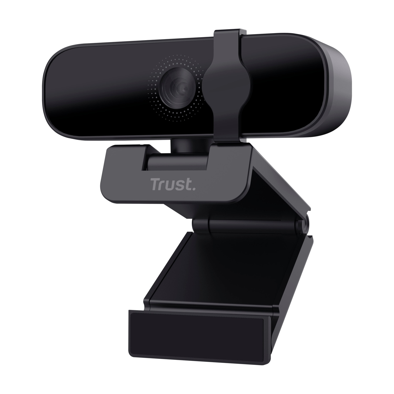 Webcam nera su un supporto. L'obiettivo della fotocamera è al centro, Trust è sulla base.
