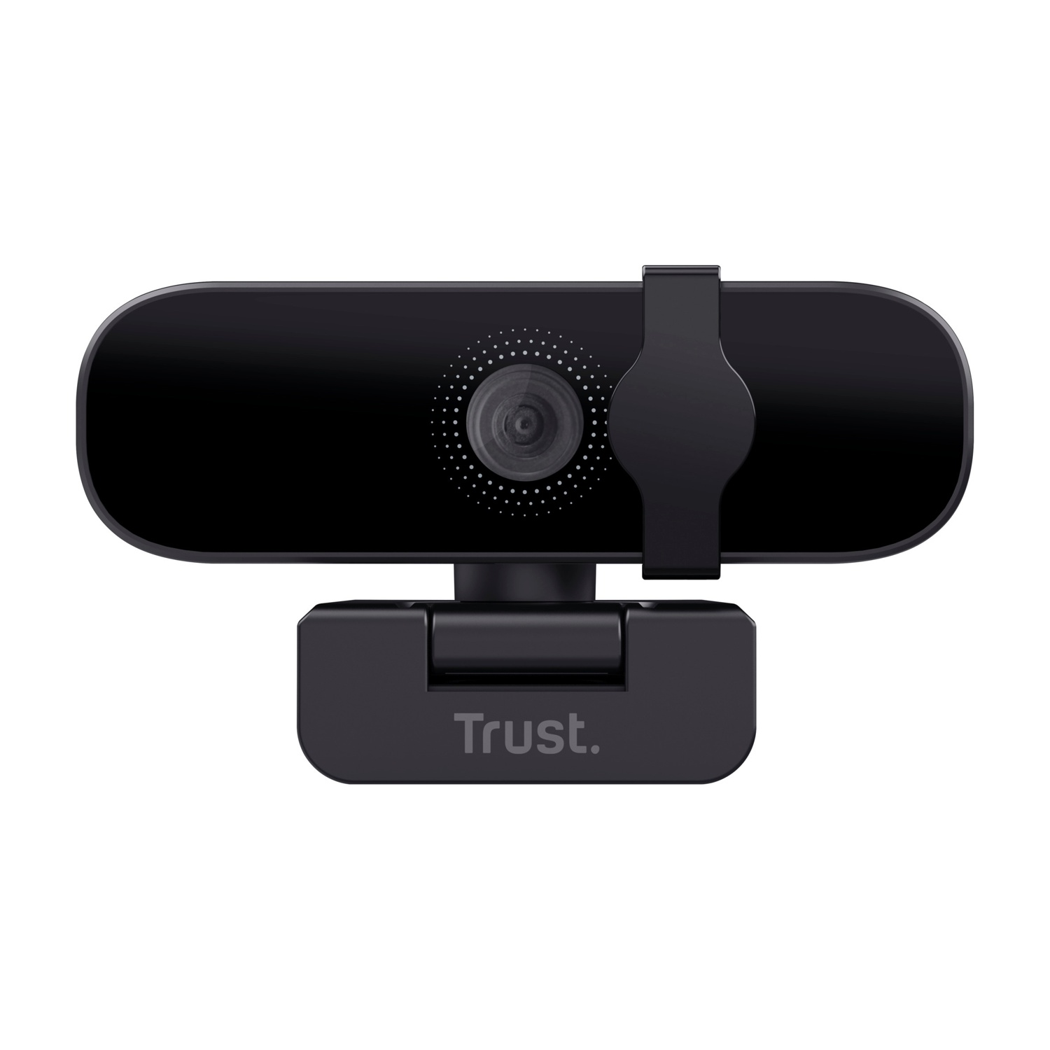 Webcam nera con obiettivo e logo Trust.