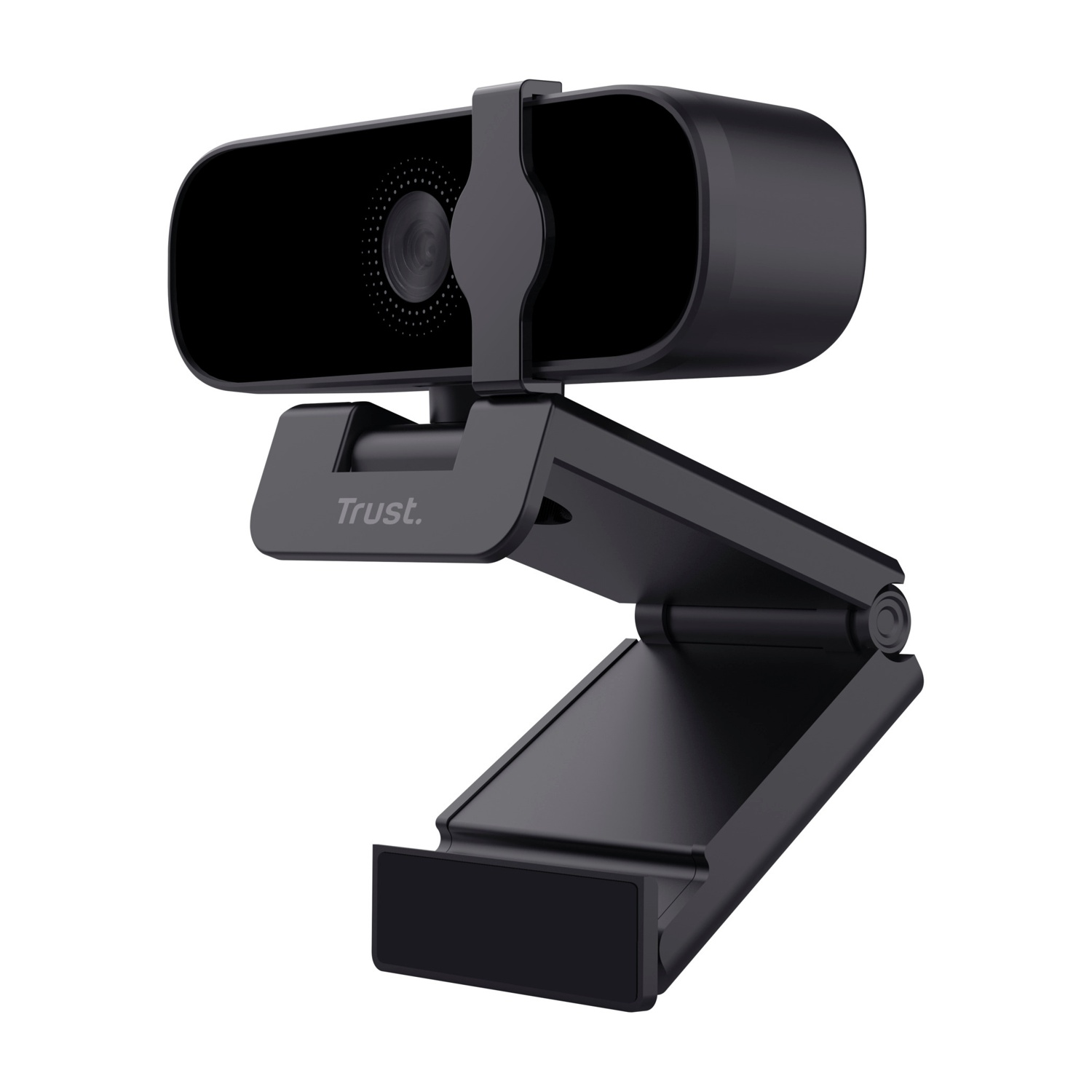 Webcam nera con supporto. La webcam ha un obiettivo e il logo Trust. Sfondo bianco.