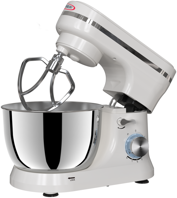 Fehér konyhai mixer ezüst díszítéssel. Fekete háttéren.