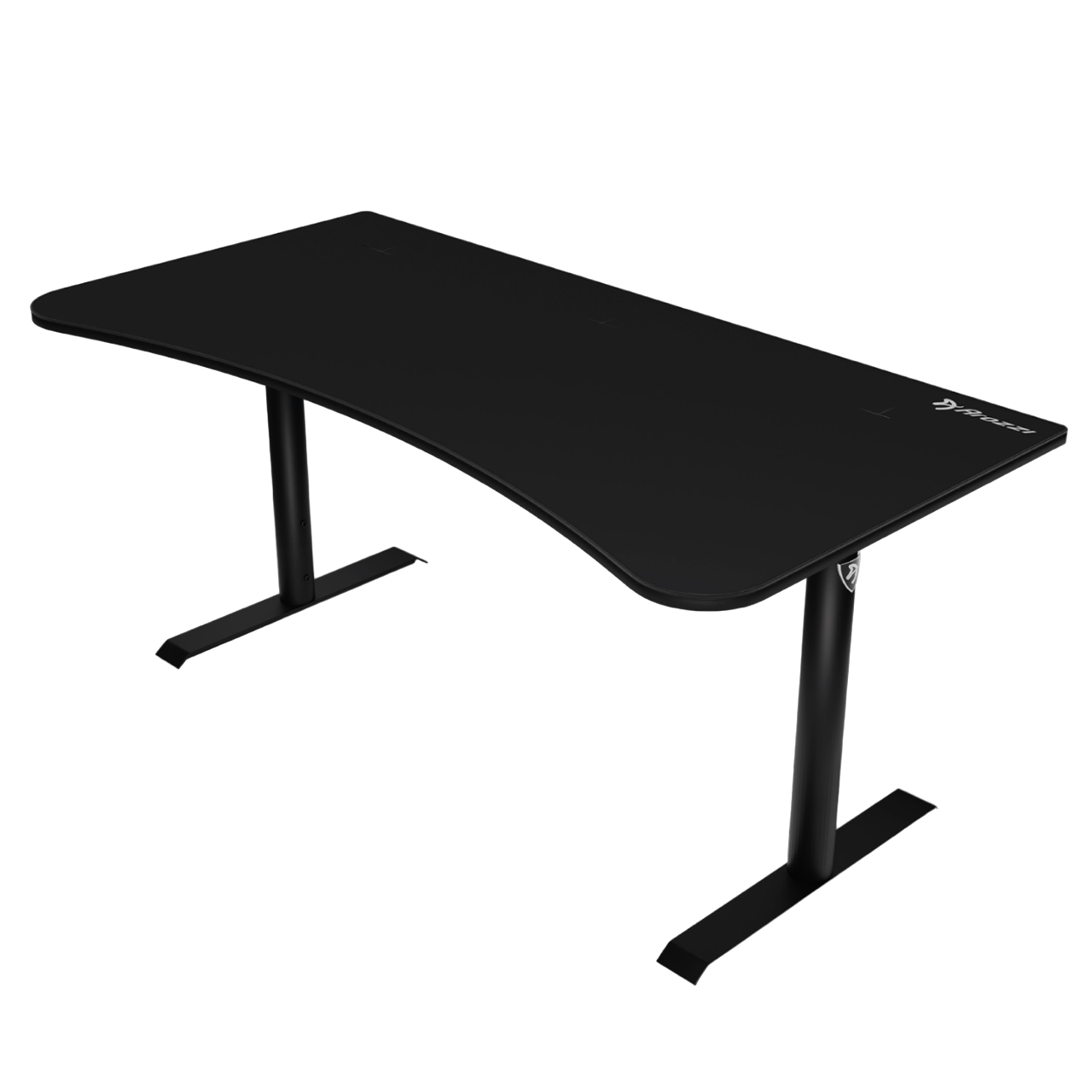 Schwarzer Schreibtisch mit gebogenen Kanten und zwei Beinen.