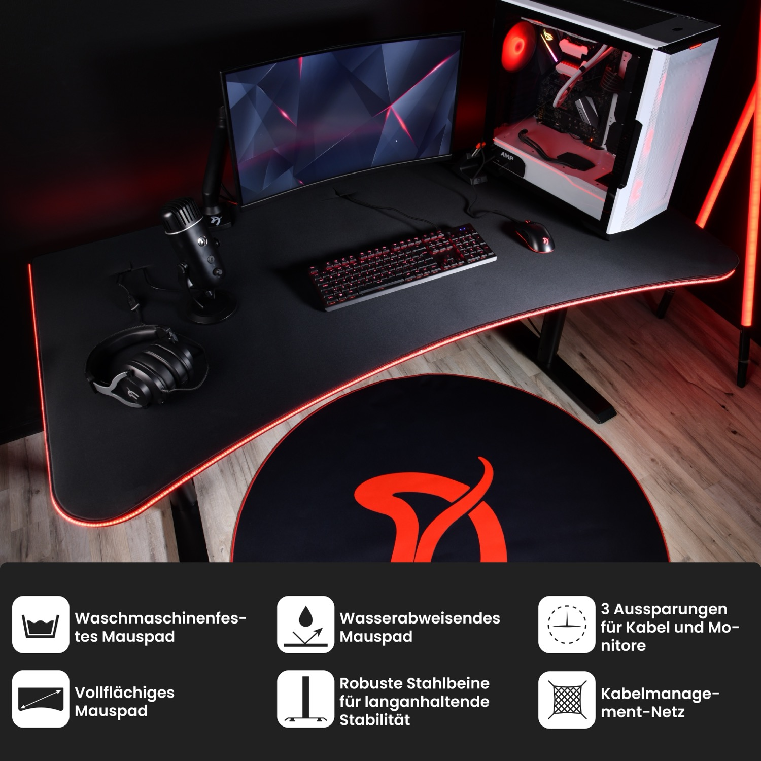 Gaming-Schreibtisch mit Mauspad, Tastatur und Monitor. Rote LED-Leuchten. Schwarzer Hintergrund.