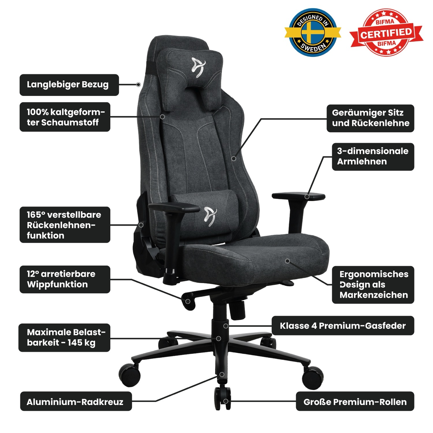 Gaming-Stuhl, dunkelgrau, mit Etiketten und verschiedenen verstellbaren Funktionen.