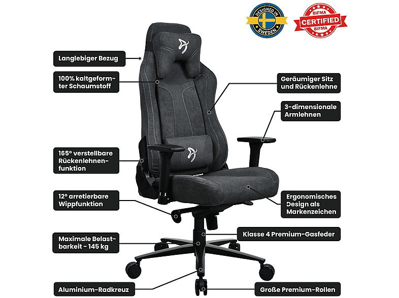 Arozzi Vernazza Soft Fabric, 3D-Armlehnen, Bis 145kg, Dunkelgrau Gaming Sessel, Dunkelgrau — Foto 4 von 5