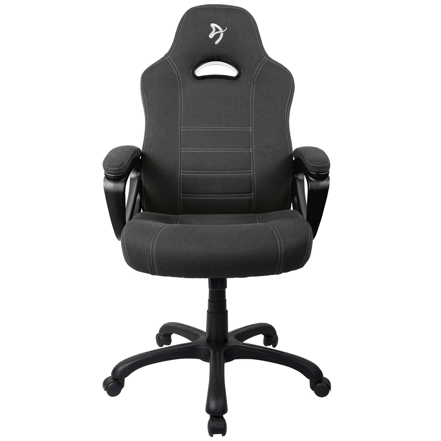 Gaming-Stuhl, grau mit weißen Nähten, schwarzem Fuß und Armlehnen.