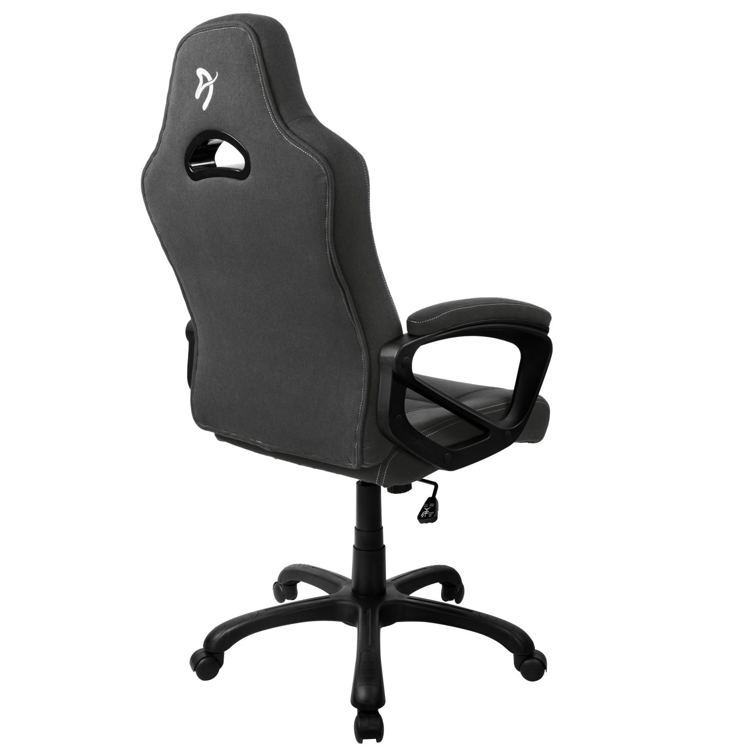 Gaming-Stuhl, grau mit weißen Nähten, Rückansicht, schwarze Basis.