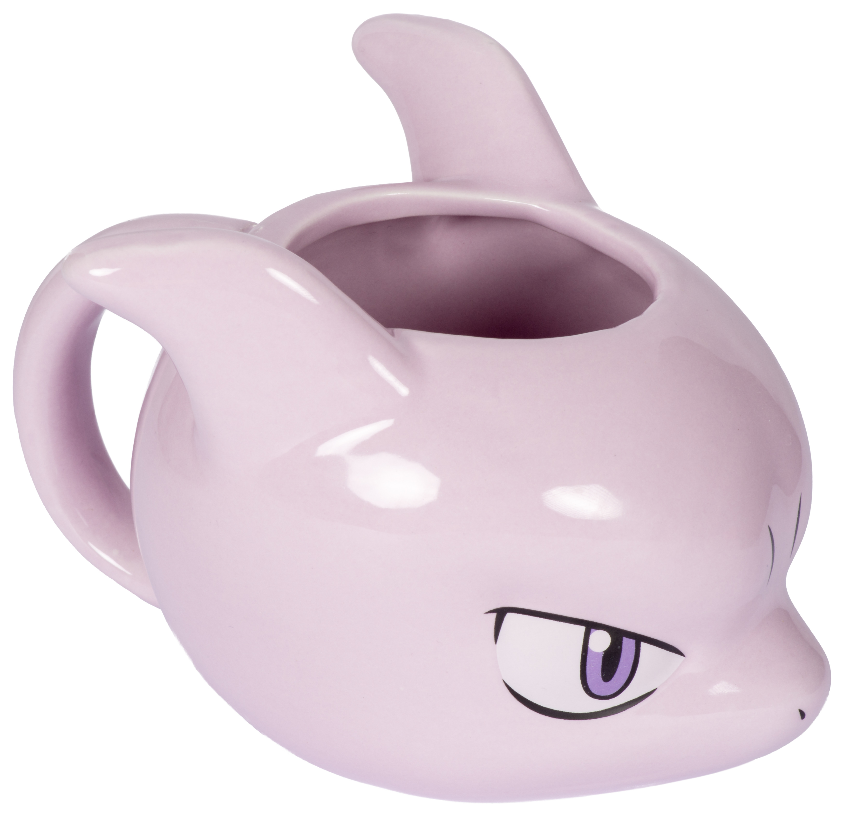 Ein hellvioletter Mewtwo-Becher. Er hat einen Griff und sein Gesicht ist vorne.