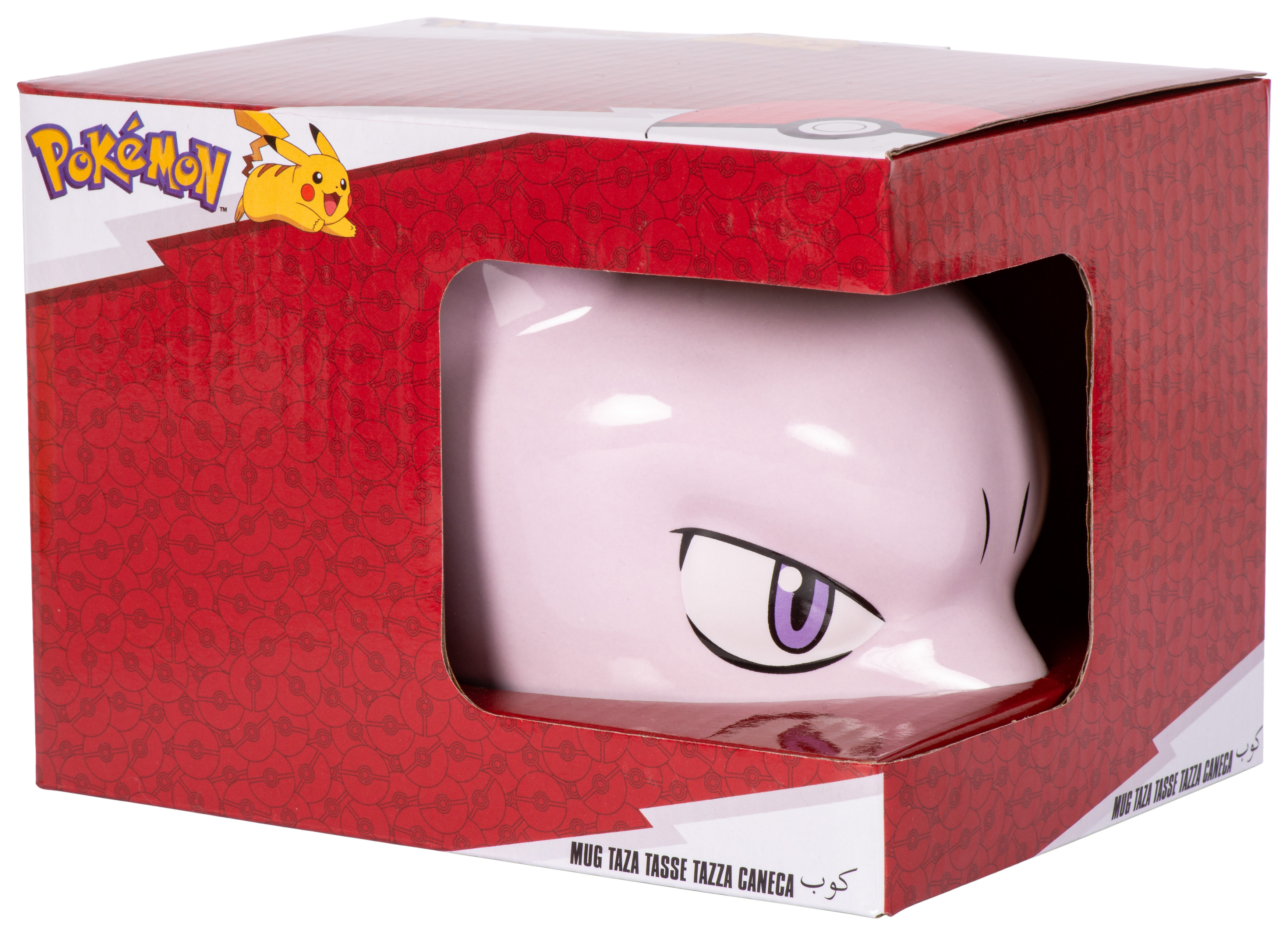 Eine Mewtwo-Tasse in einem Karton. Die Tasse ist helllila und in Mewtwo-Form.