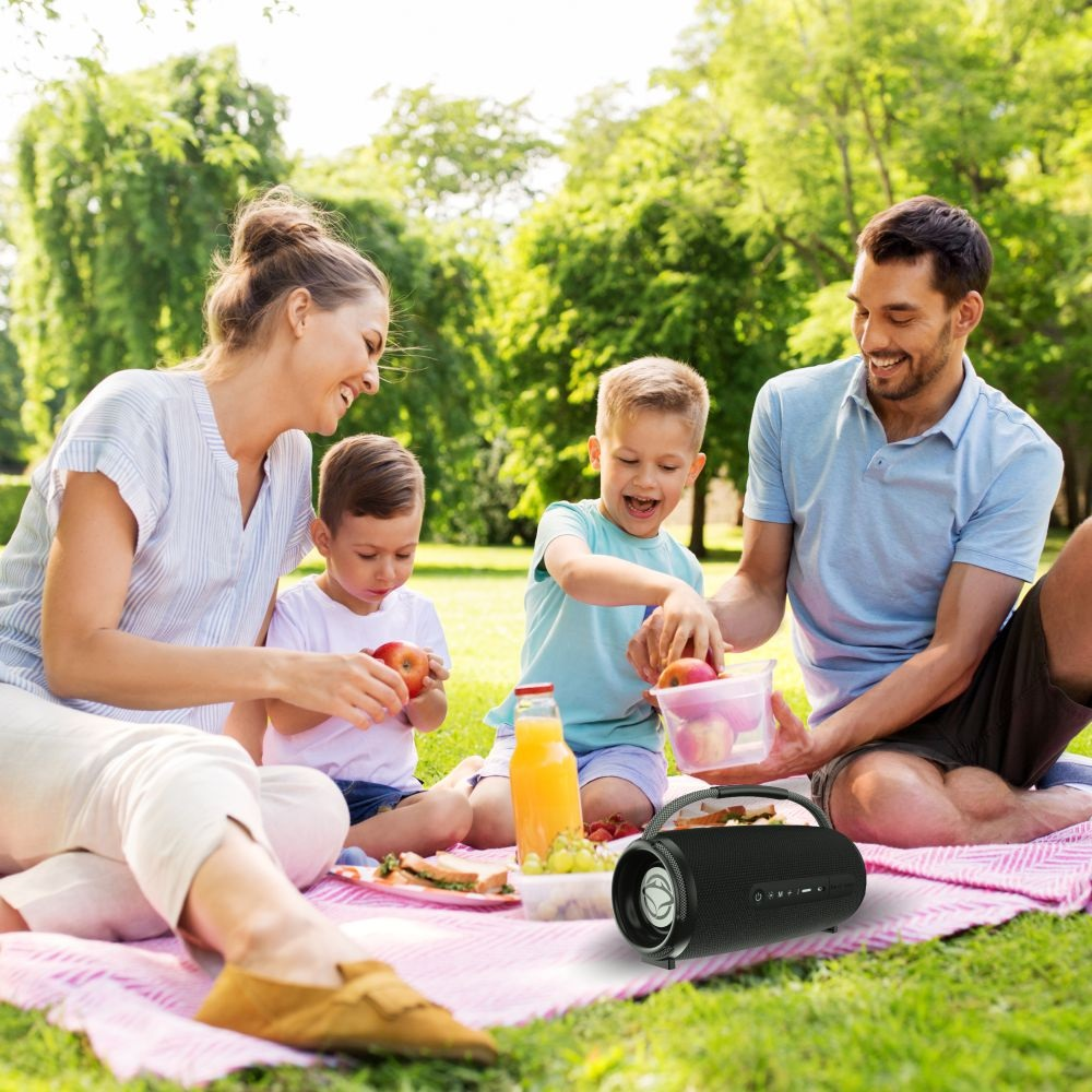 Rodzina piknikuje w parku z jedzeniem, głośnikiem i słońcem.