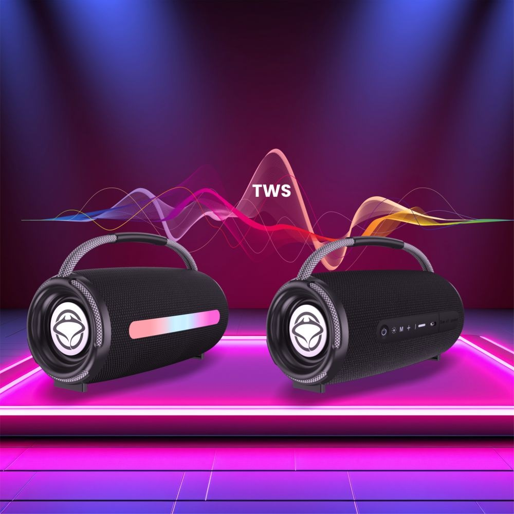Dwa czarne głośniki z uchwytami i napisem 'TWS' na kolorowym wyświetlaczu świetlnym.