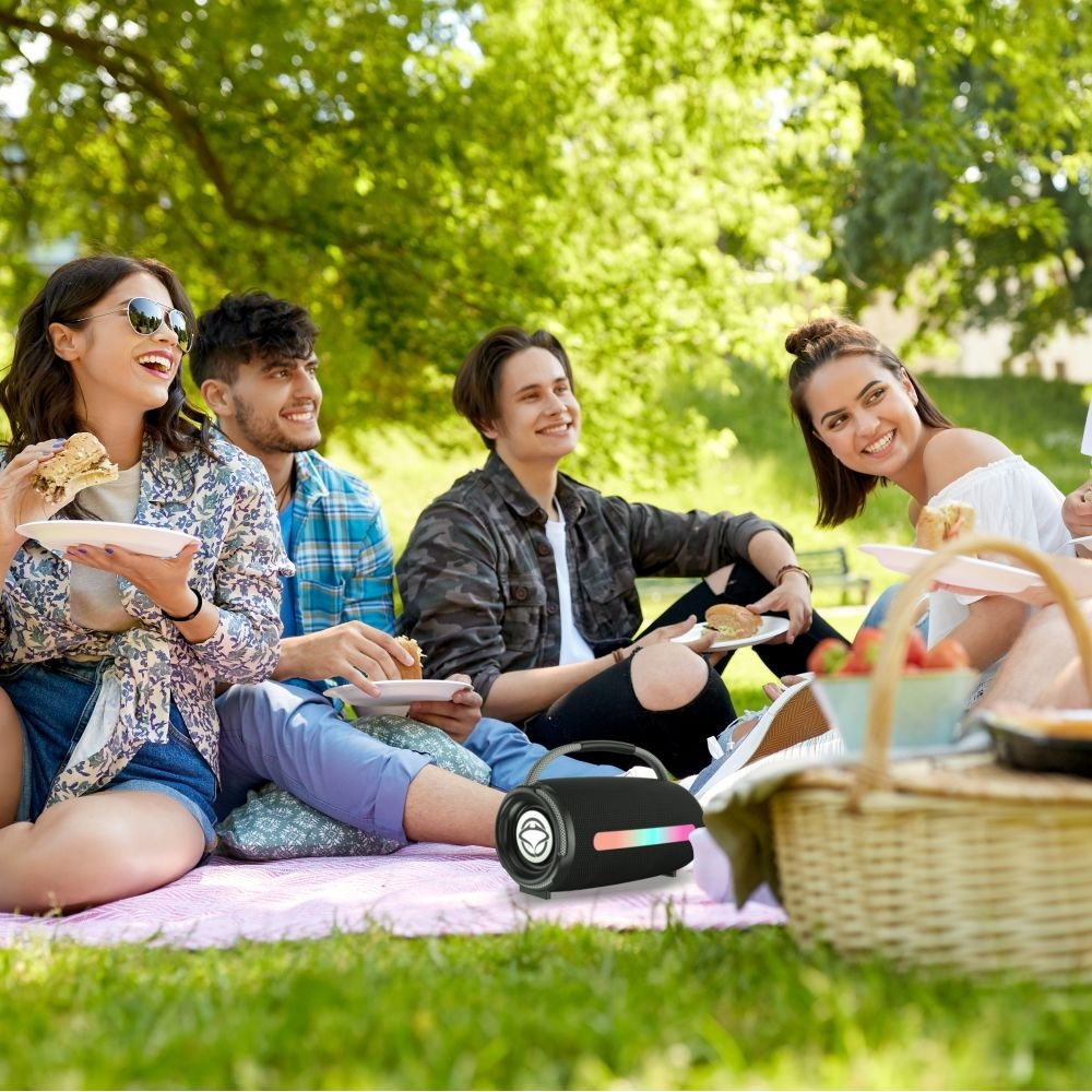 Grupa przyjaciół śmiejących się i jedzących na pikniku z głośnikiem.
