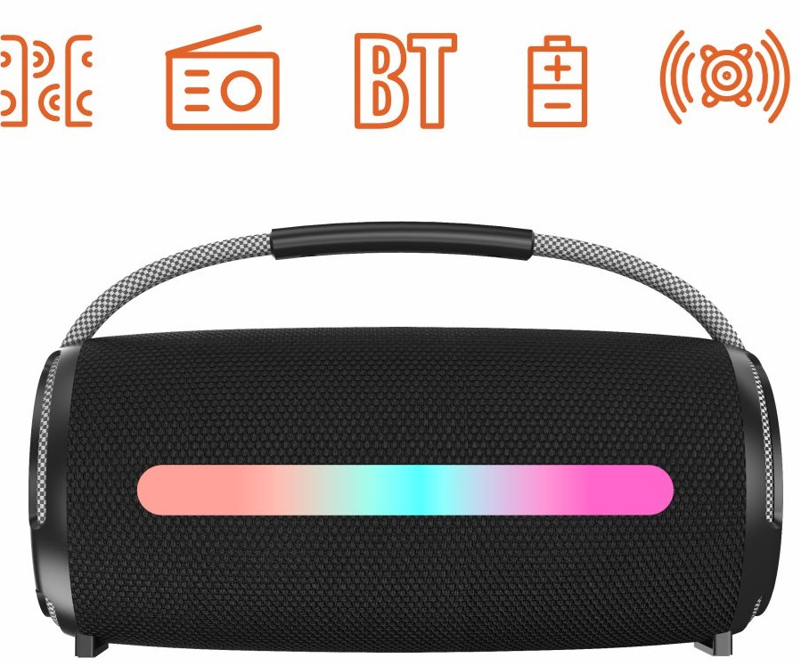 Czarny głośnik z uchwytem do przenoszenia. Ma wielokolorowy pasek świetlny oraz ikony radia, BT i baterii.