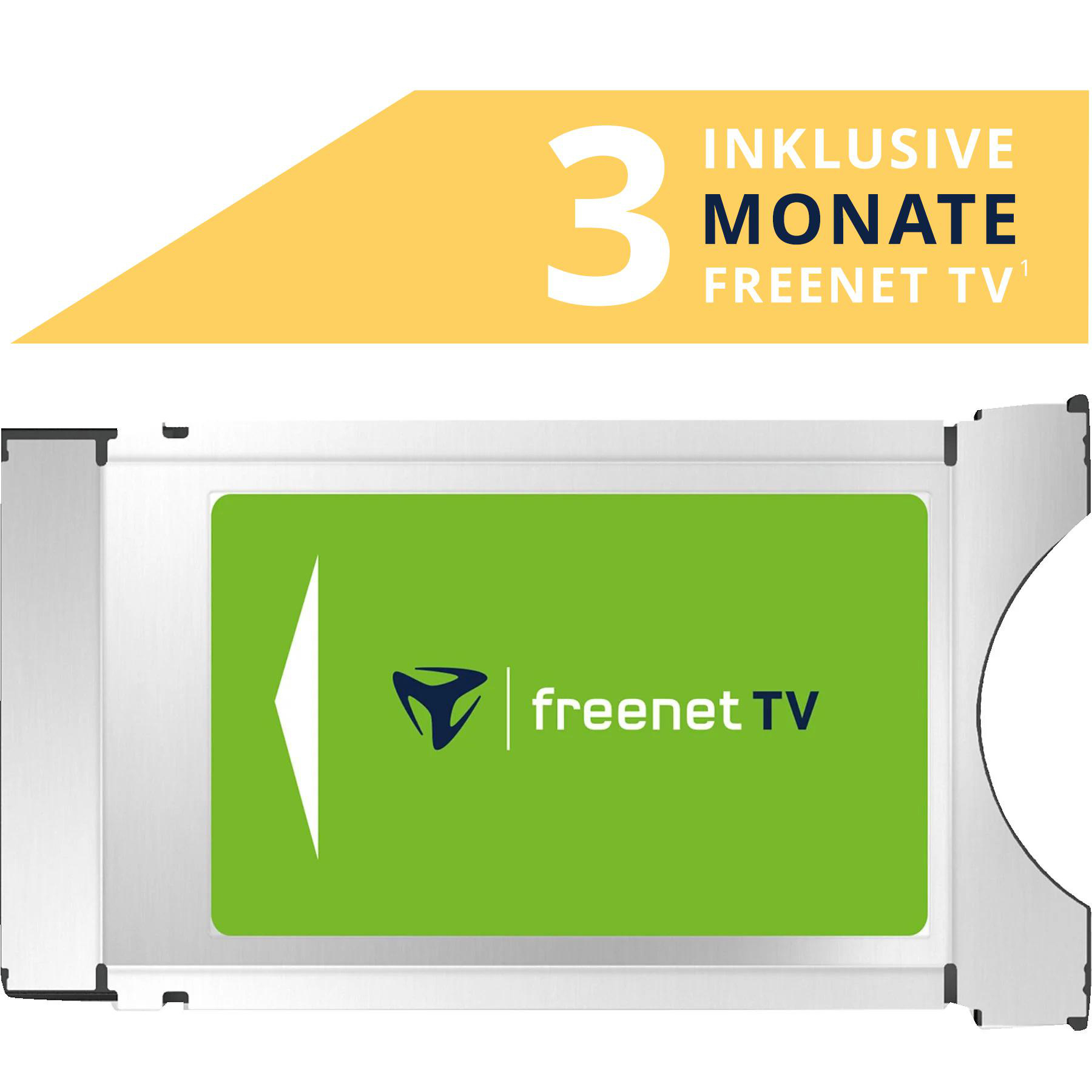 Freenet TV-Karte. Silberne und grüne Karte mit Logo und Text '3 Monate Freenet TV'.