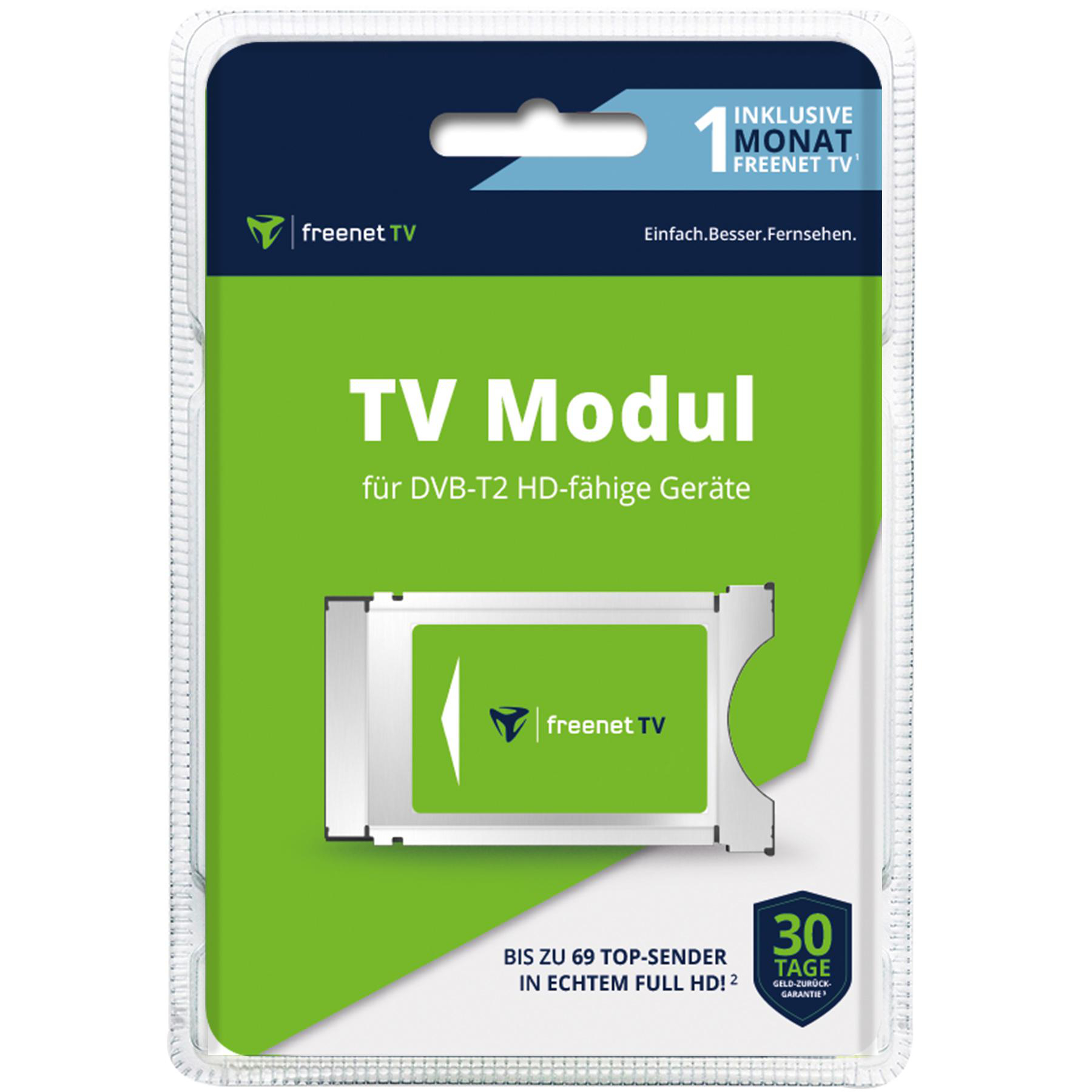 Eine transparente Kunststoffverpackung mit einem TV-Modul darin. Die Verpackung hat ein grünes und weißes Design.