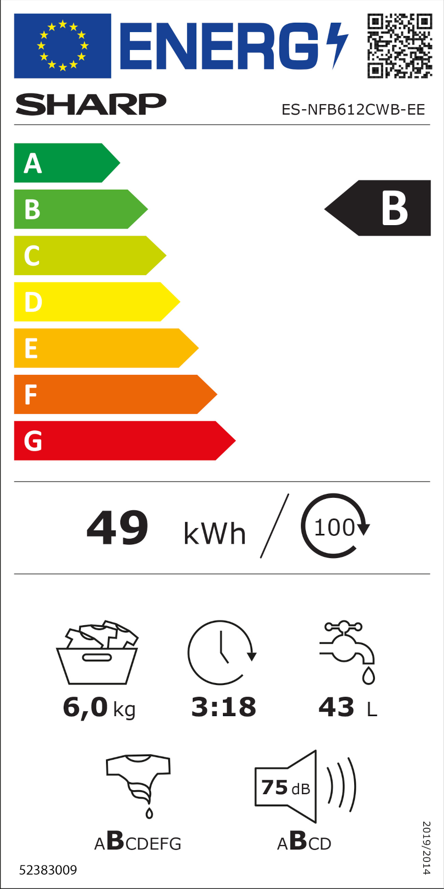 Energiahatékonysági címke egy mosógéphez. Megmutatja az energia- és vízfelhasználást.