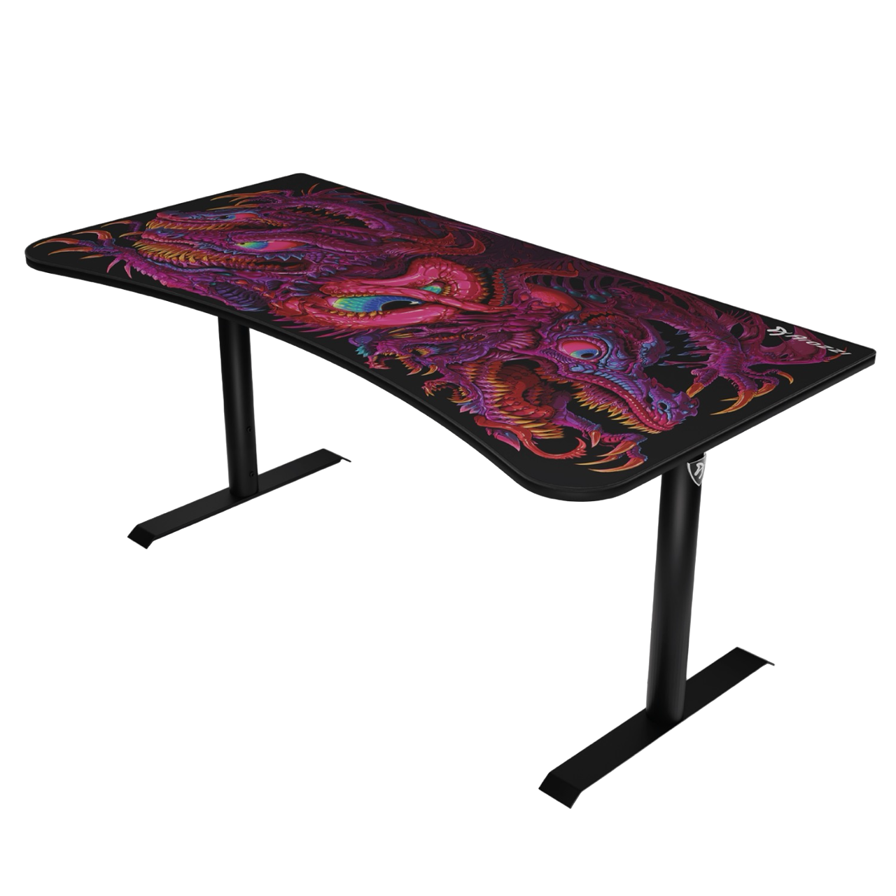 Schwarzer Gaming-Schreibtisch mit Drachendesign. Der Schreibtisch hat schwarze Beine.