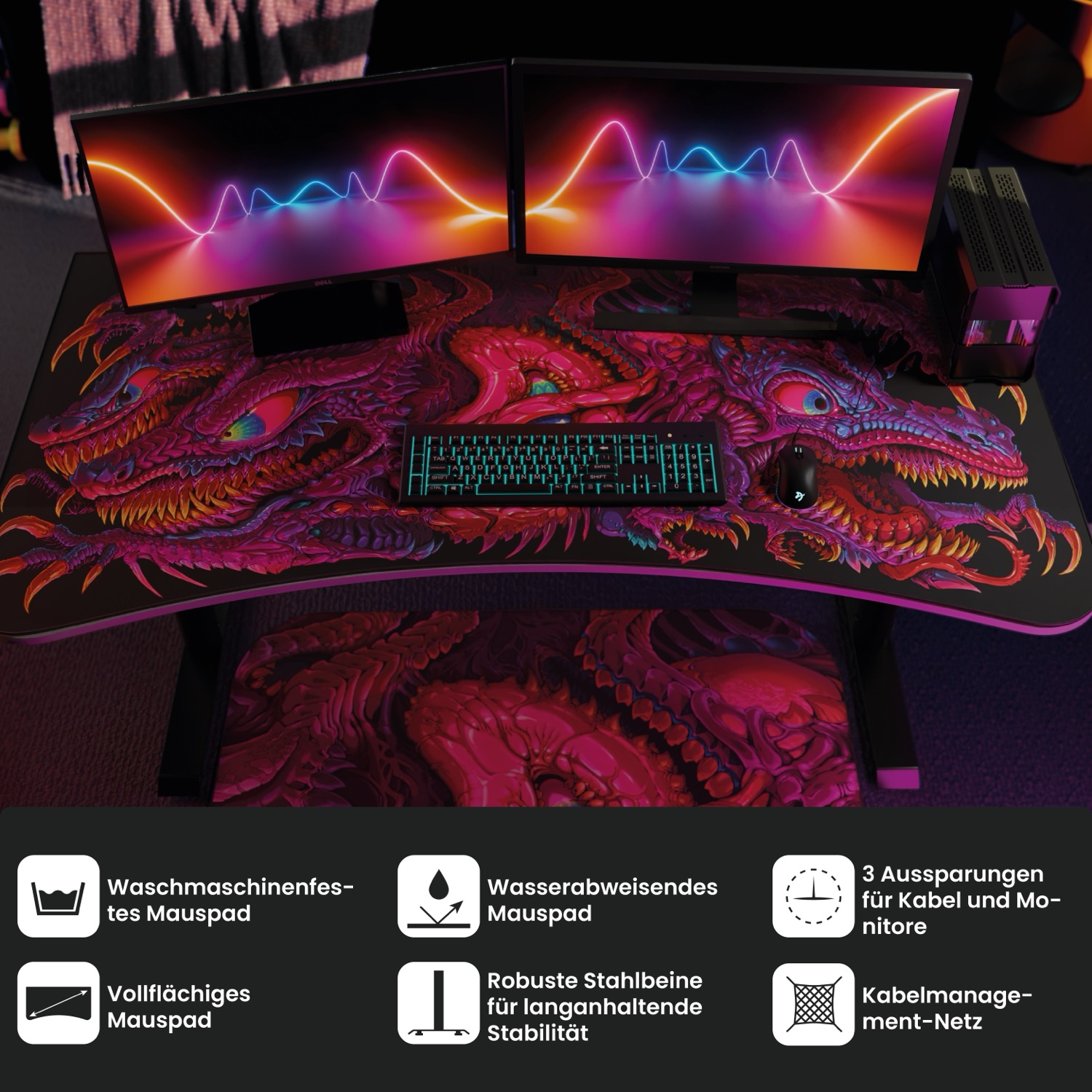 Gaming-Schreibtisch mit Drachendesign, zwei Monitoren, Tastatur, Maus und verschiedenen Funktionssymbolen.