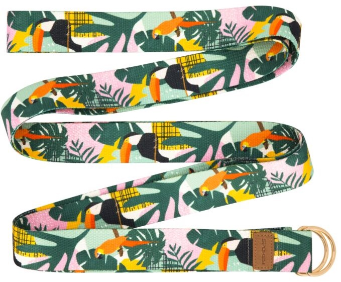 Pasek z tukanami i tropikalnymi liśćmi, z dwoma D-ringami i klamrą.
