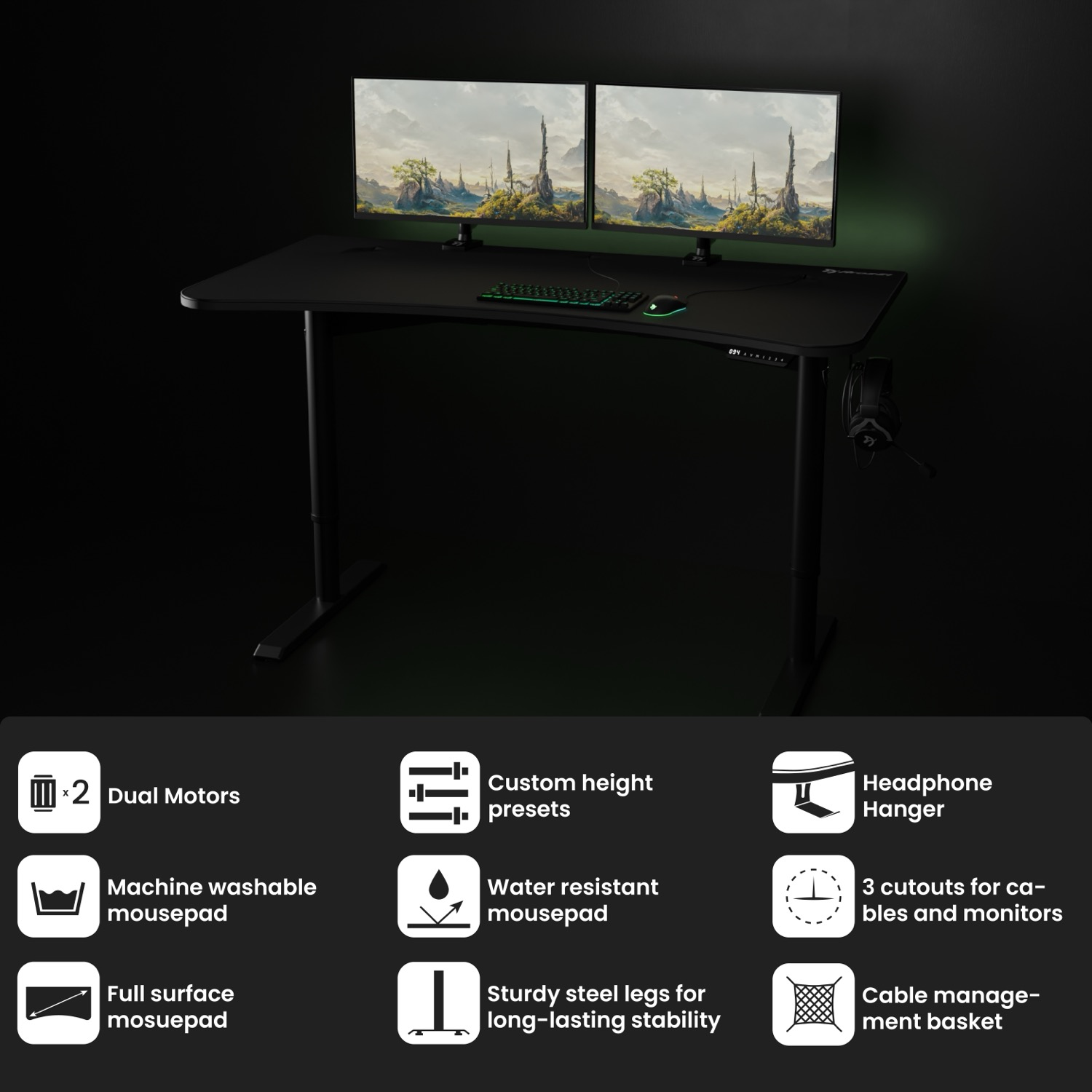 Schwarzer Gaming-Schreibtisch mit zwei Monitoren, Headset und Funktionen wie Doppelmotoren.