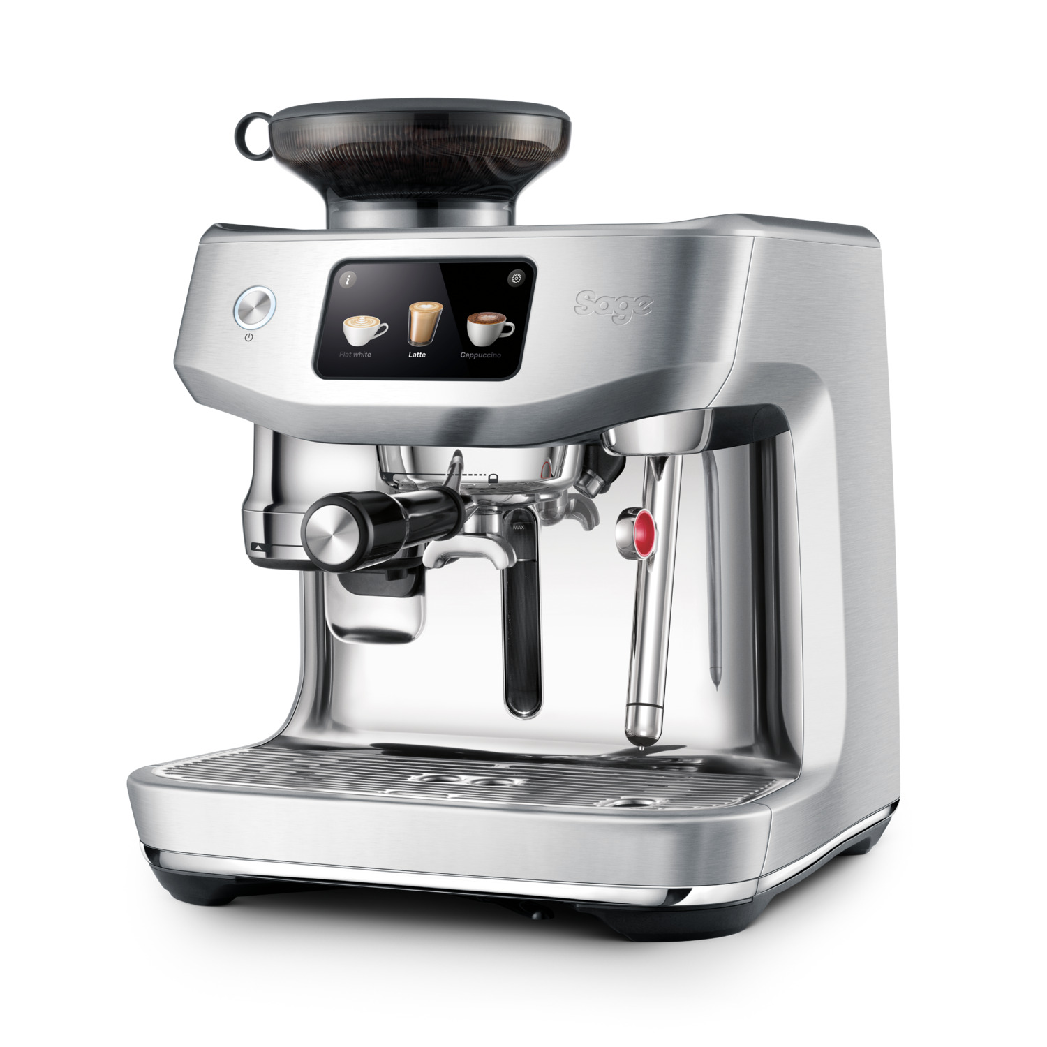 Une machine à expresso argentée avec écran tactile et un conteneur de grains de café dessus.