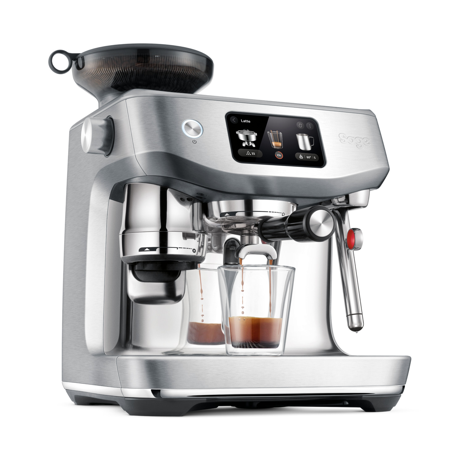 Une machine à expresso argentée avec un moulin intégré et un écran tactile.