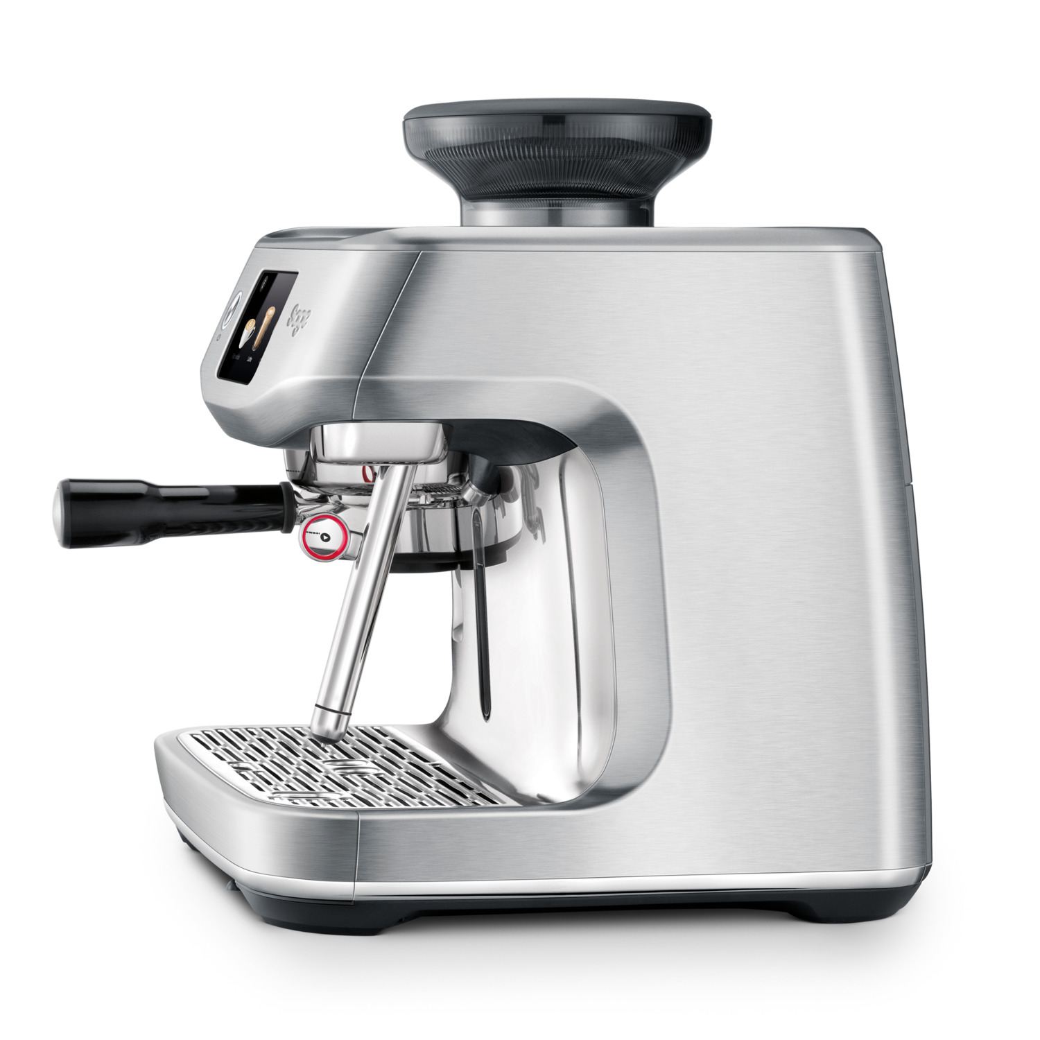 Une machine à expresso argentée avec une poignée noire, un bec verseur et un moulin intégré.