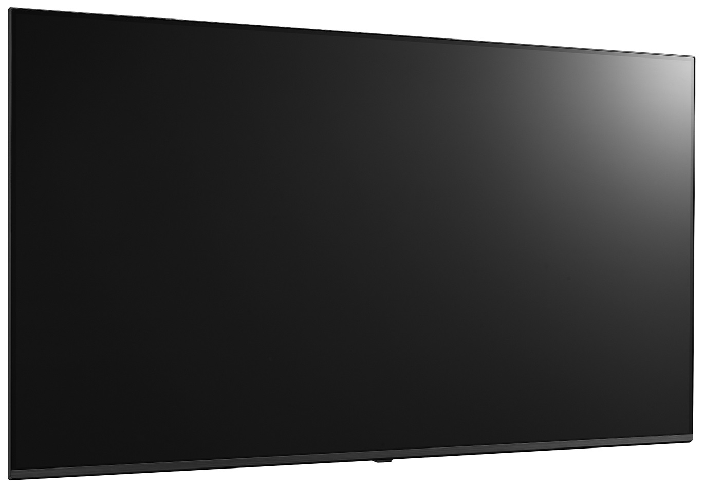 Duży czarny ekran telewizora, lekko pochylony, na białym tle.