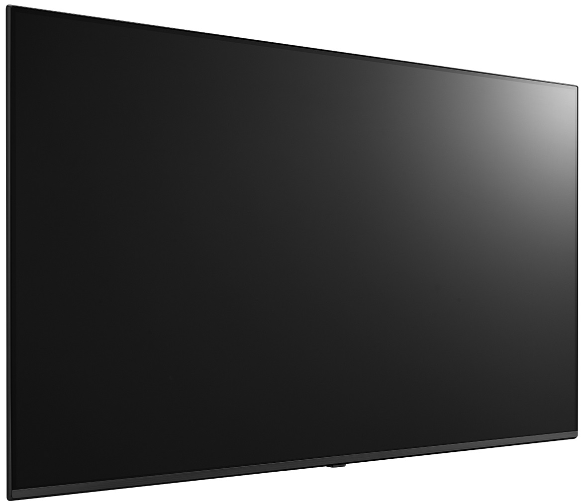 Duży czarny ekran telewizora, lekko pochylony, na białym tle.