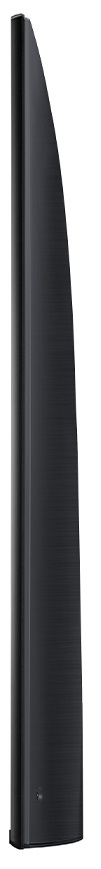 Widok z boku czarnego telewizora, pokazujący jego smukły profil na białym tle.