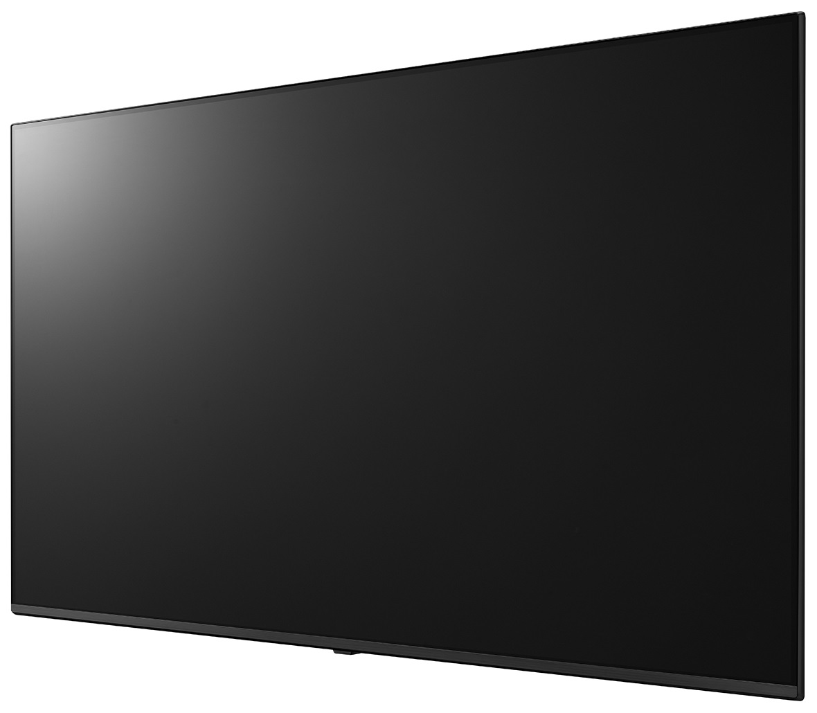 Duży czarny ekran telewizora, lekko pochylony, na białym tle.