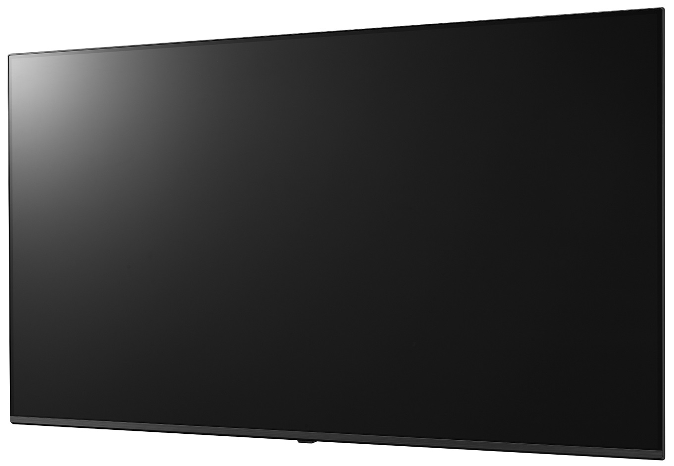 Duży czarny ekran telewizora, lekko pochylony, na białym tle.