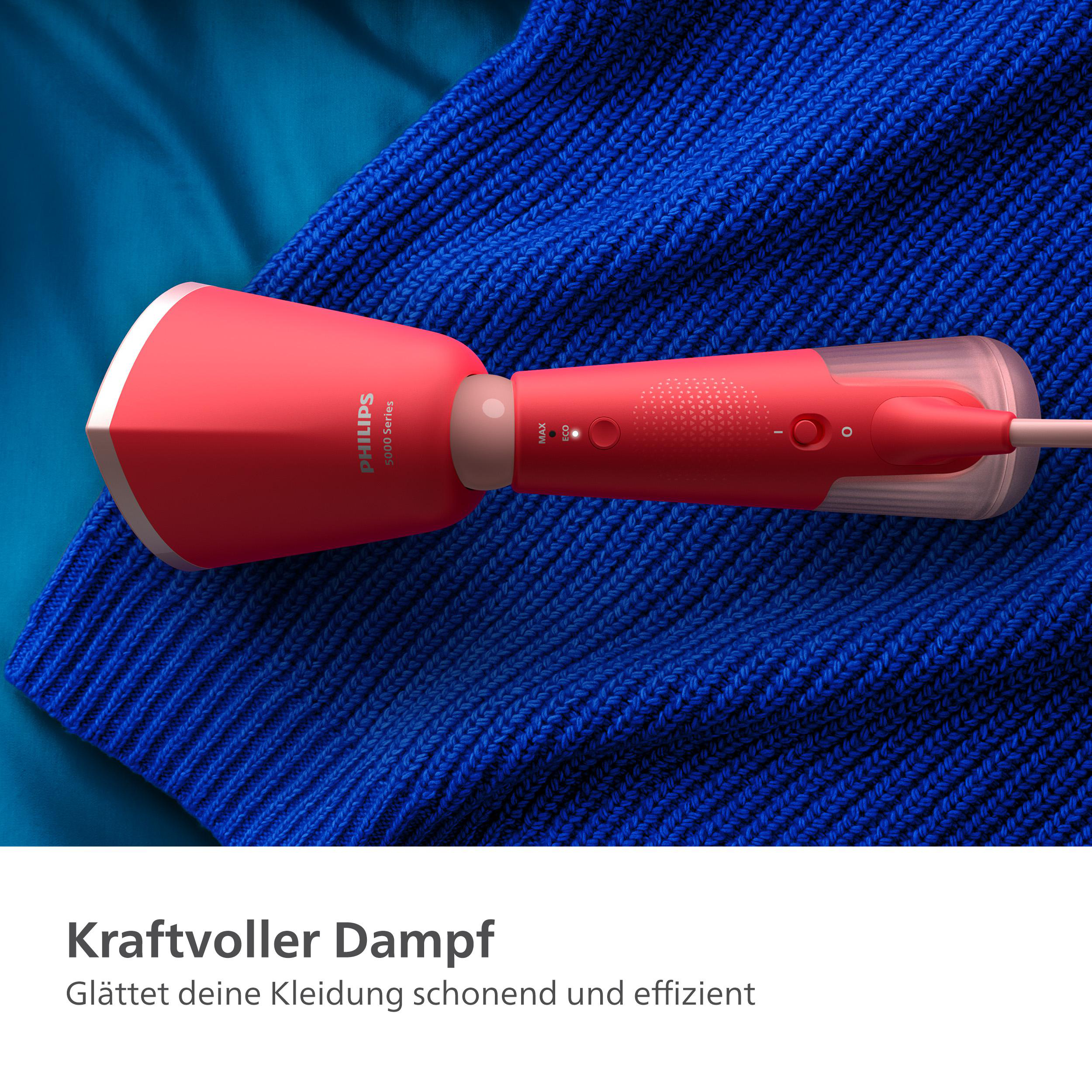 Roter und weißer Philips Dampfglätter auf blauem Stoff, darunter Text.