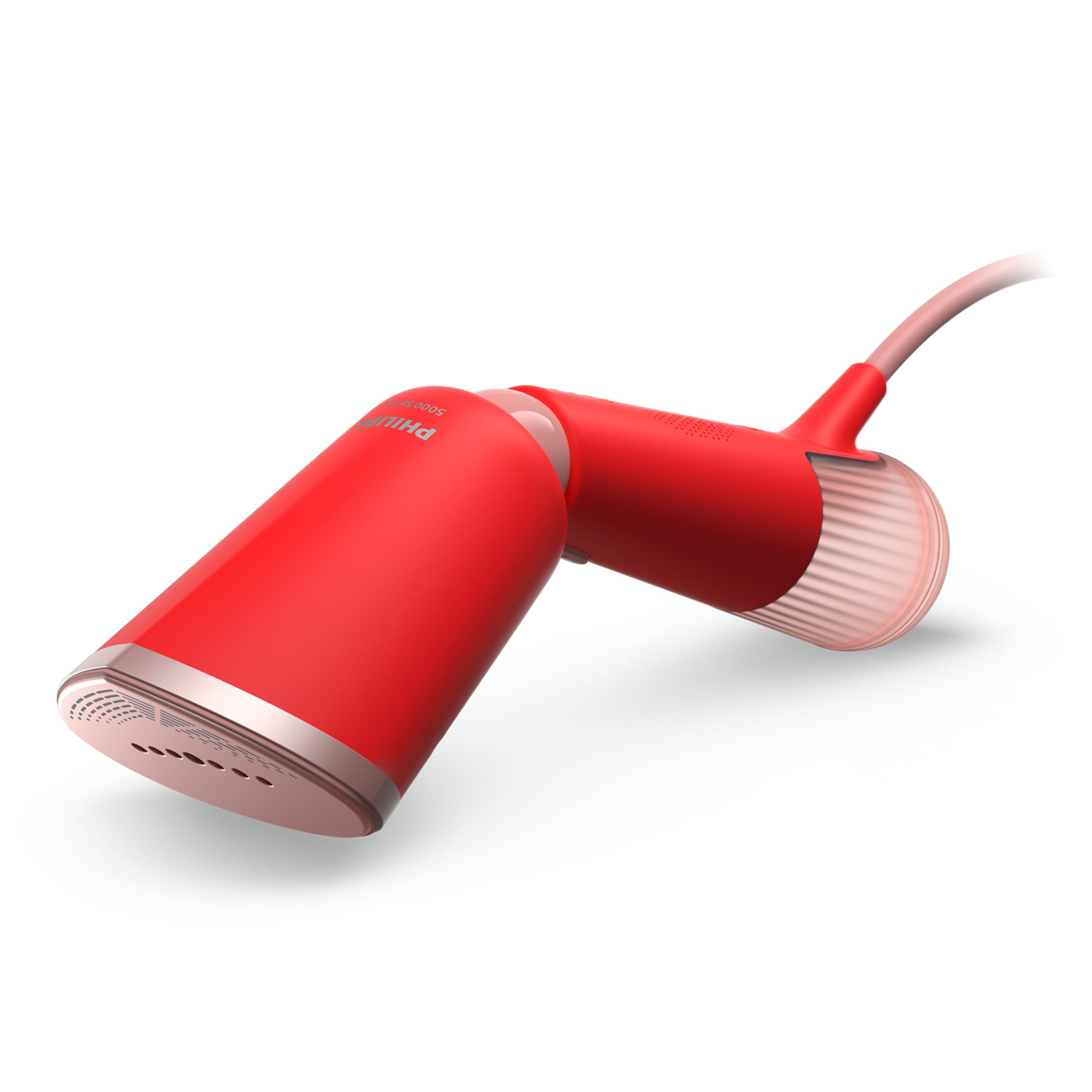 Ein roter Steamer wird gezeigt. Er hat eine gebogene Form und einen weißen Hintergrund.