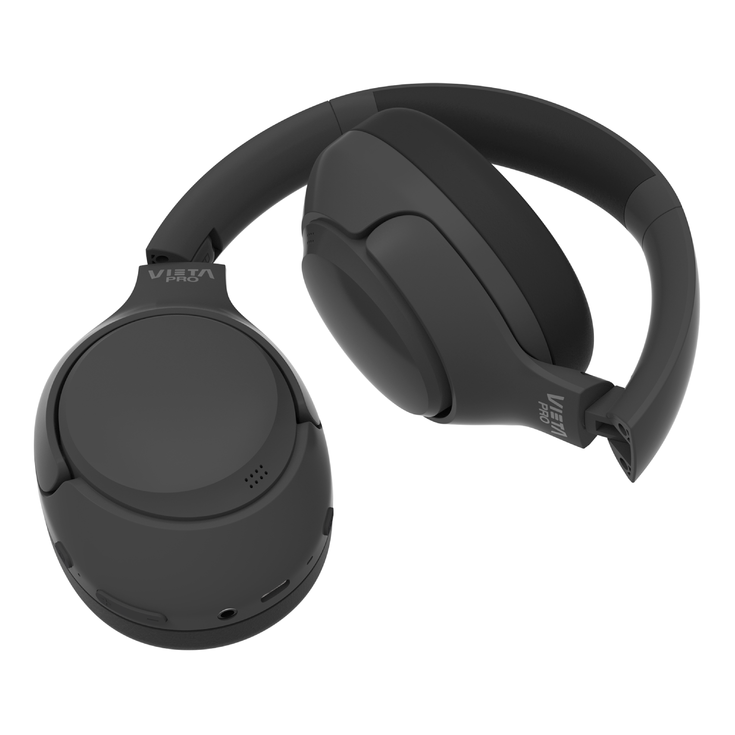 Auriculares negros Vista Pro. Se ven las almohadillas y la diadema. Fondo blanco.