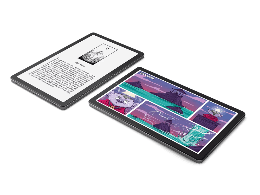 Dos tabletas, una con texto, otra con cómic. Marcos negros, fondo blanco. Vista en ángulo.