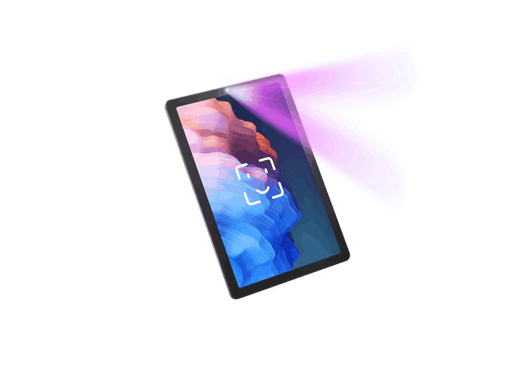 Tableta con pantalla de paisaje, pincelada morada.