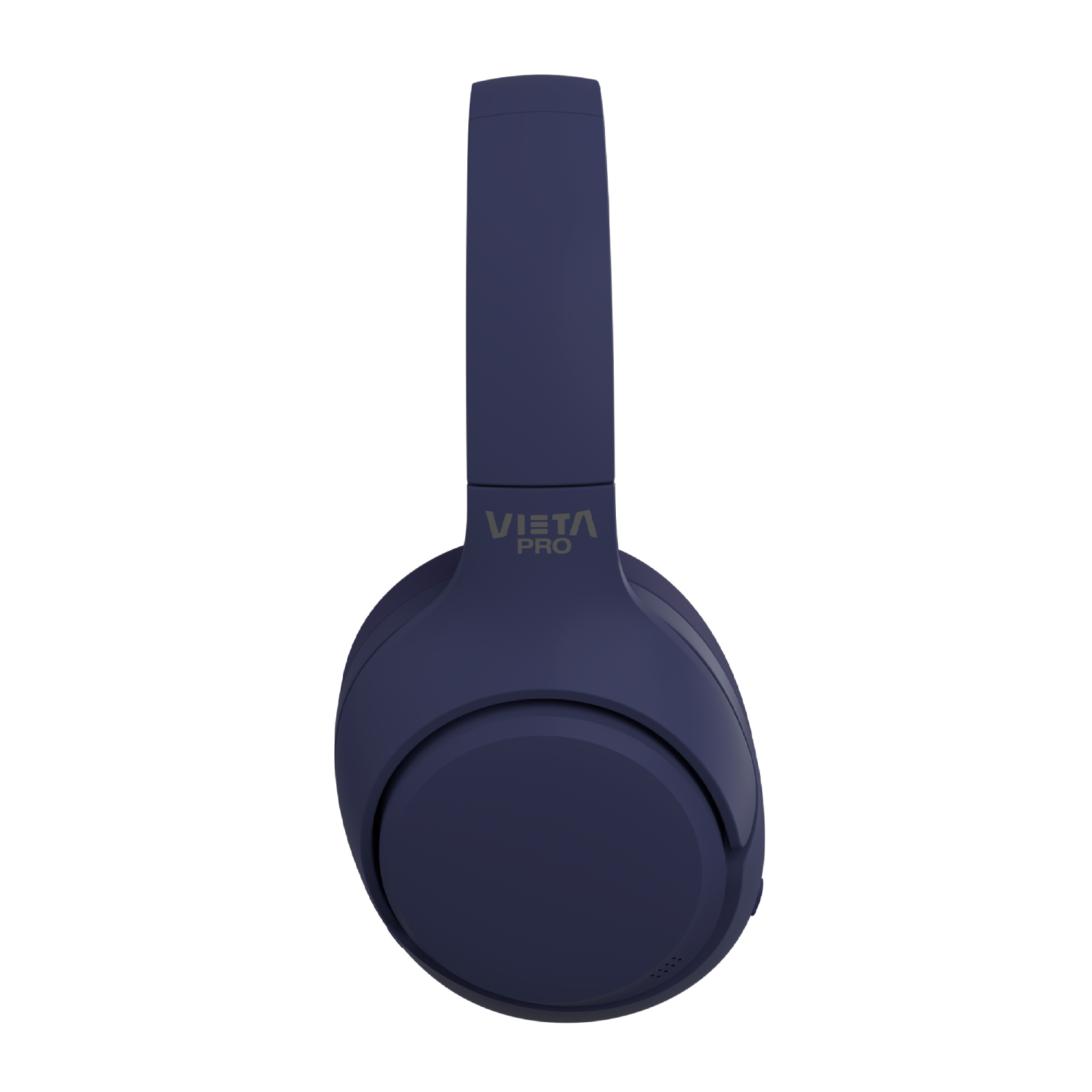 Auriculares azules sobre la oreja, vista lateral.