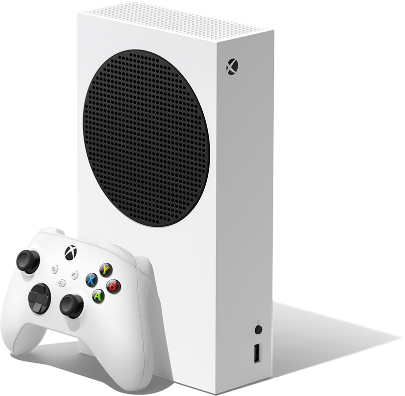 Fehér Xbox Series S konzol és kontroller fehér háttéren.